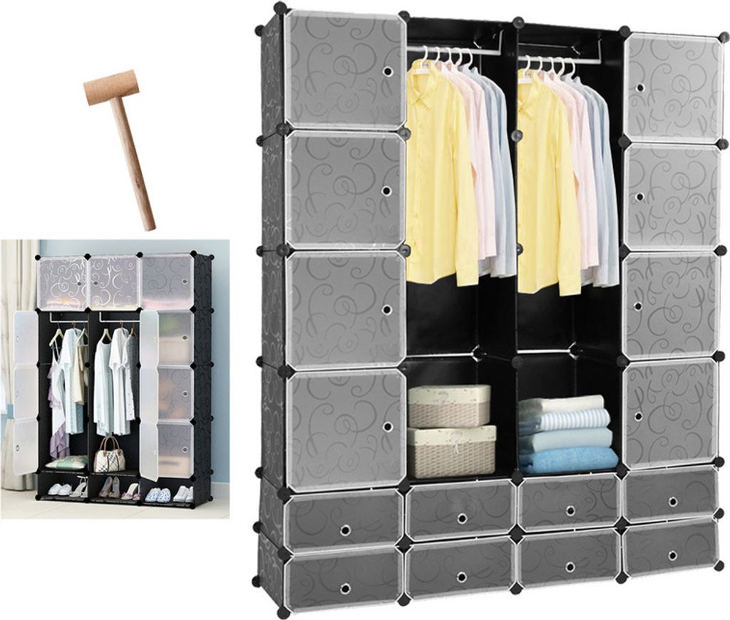 Hengda 16 Boxen DIY Regalsystem Kleiderschrank Garderobenschrank Schrank Steckregal 142x37x180cm Schwarz und weiß