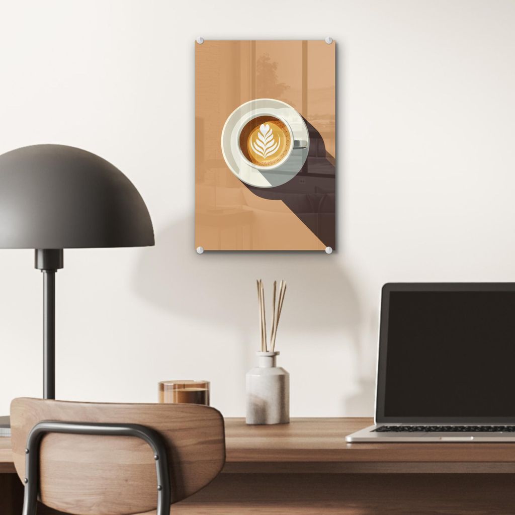 MuchoWow Glasbilder - Bilder auf Wandbild - Foto auf Glas Cappuccino - Tasse - Untertasse - Minimalistisch 20x30 cm Wanddekoration aus Glas - Acryl...
