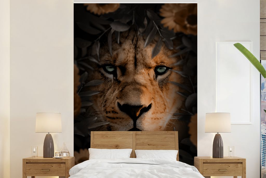 MuchoWow Fototapete für Wohnzimmer oder Schlafzimmer Wandtapete Vinyl Motivtapete Dschungel - Löwe - Pflanzen - Blumen - 200x300 cm - Wanddekor...