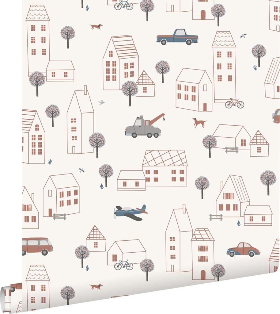 ESTAhome Tapete Fahrzeuge Beige, Blau und Rot 50 x 900 cm