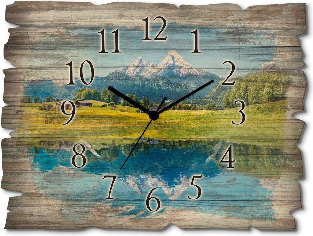 ARTland Holz Wanduhr Funkuhr - schwarzer Zeiger Landschaft in den Alpen Größe: 40x30 cm