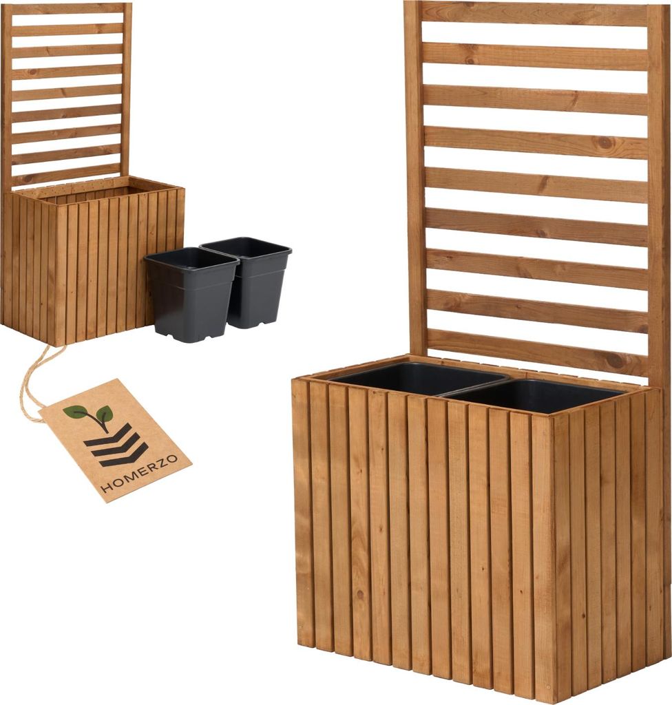 Pflanzkübel mit Rankgitter Spalier mit Pflanzkasten Blumenkasten aus Holz Hochbeet mit 2x18L Pflanzeneinsatz (vertikal-braun, 67x36x55 H132)