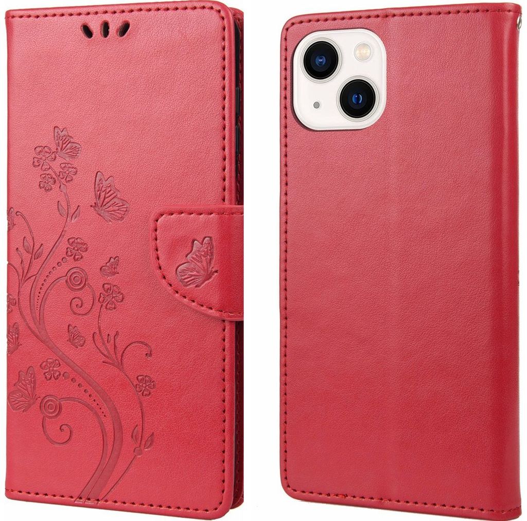 Mobigear Flowers iPhone 14 Hülle Klapphülle Geldbörse - Rot Produktbild 
