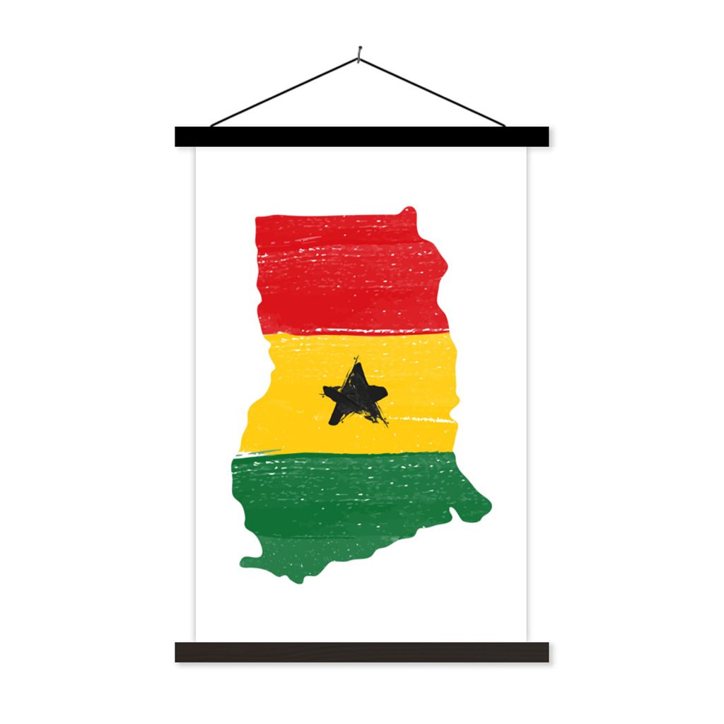 MuchoWow Textilposter Ghana - Flagge - Karte 60x90 cm mit schwarzem Rahmen - Poster Wohnzimmer