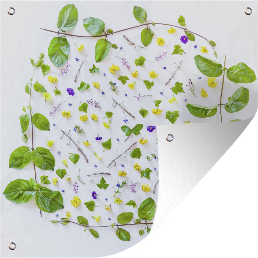 MuchoWow 50x50 cm Outdoor-Poster Gartendeko Sichtschutz Garten Poster für den Garten Typische botanische Blumen und Blätter auf grauem Hinterg...