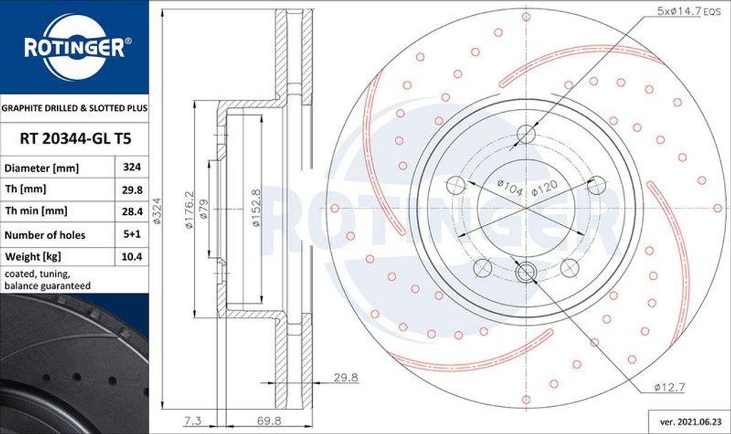 ROTINGER RT 20344-GL T5 Bremsscheibe OE 34116753221 kompatibel mit 5er E60, 5er E61, 6er E63, 6er E64