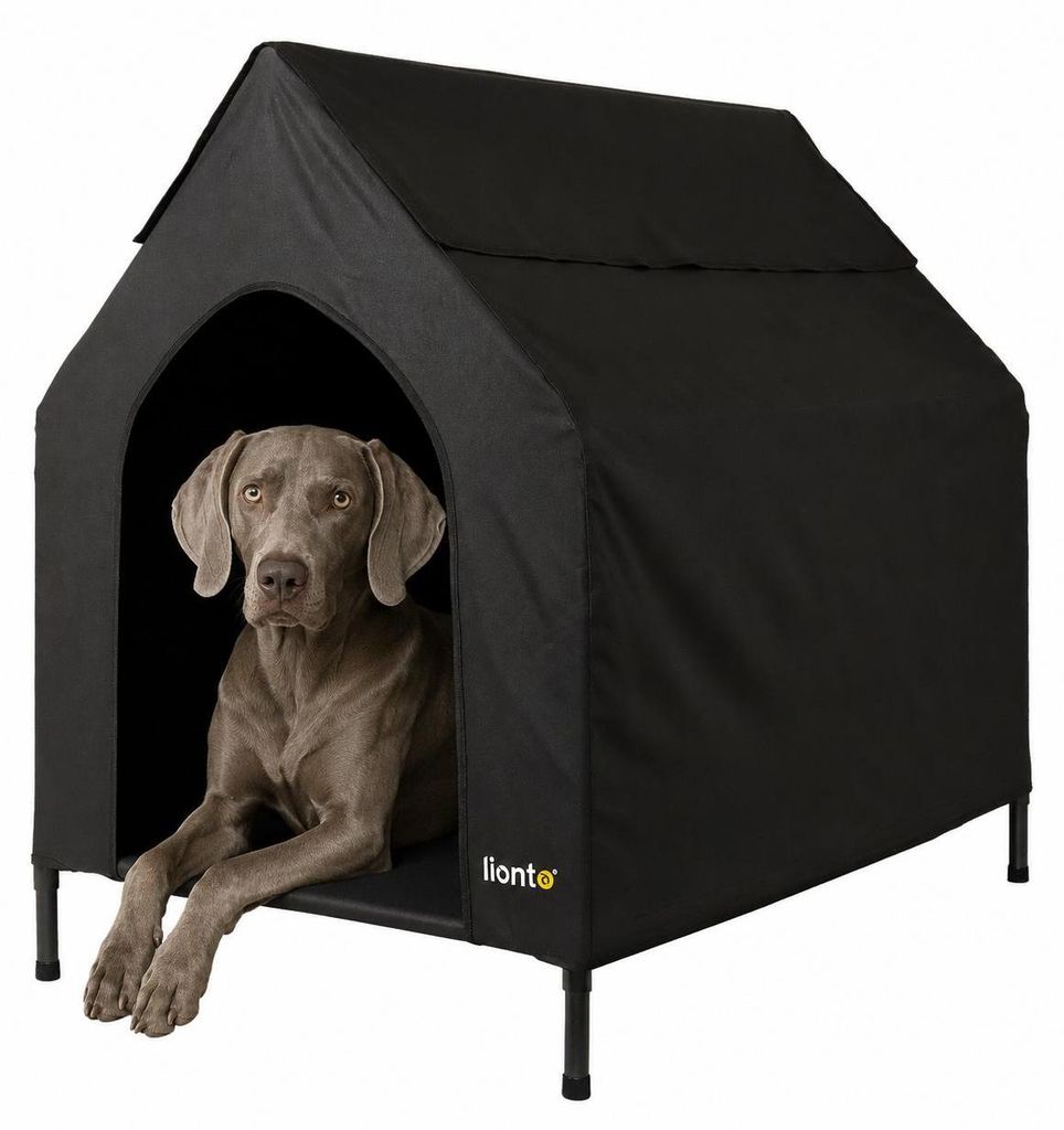 lionto Hundeliege mit Dach, wetterfester Hundeliegeplatz für drinnen & draußen, atmungsaktiv & pflegeleicht, 130x85x113 cm, schwarz