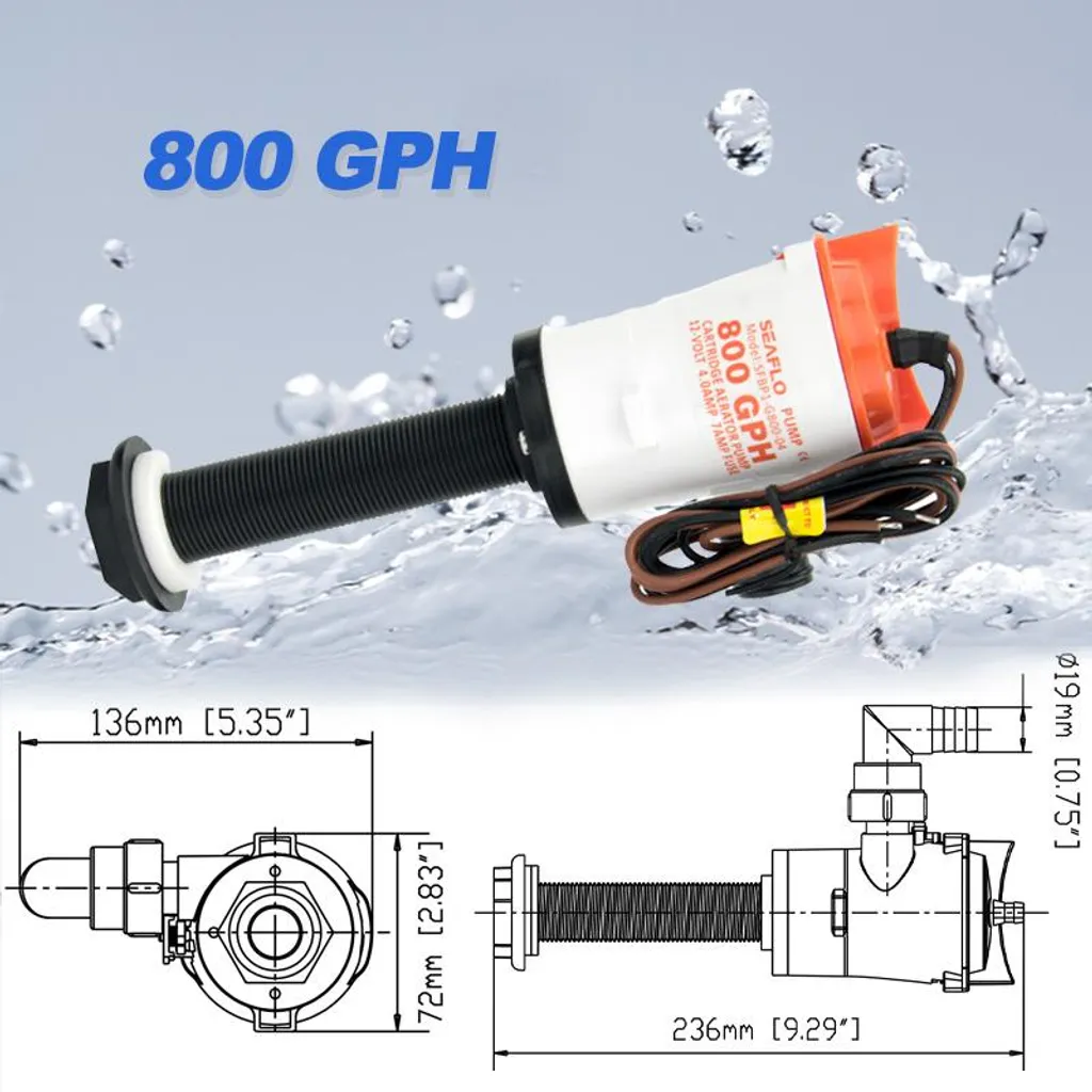 Pompe aération Livewell 800 GPH anticorrosion moteur refroidi à l'eau