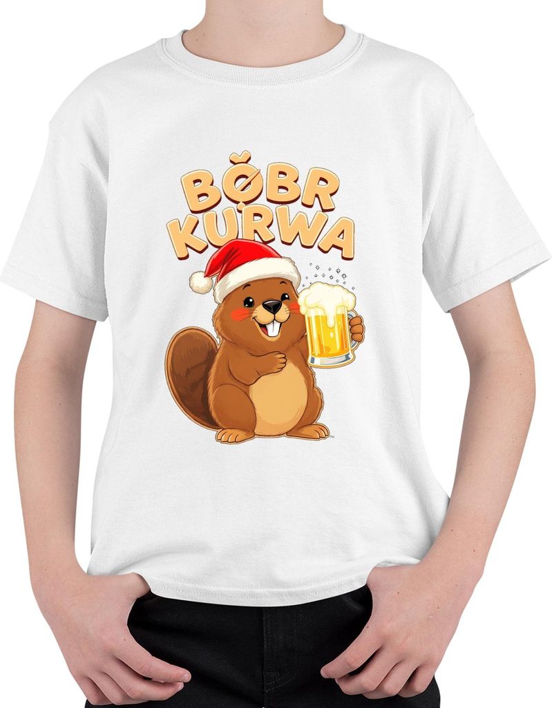 BÓBR KURWA Meme Biber Weihnachten Bier Weihnachtsmütze Geschenk Uni Kinder T-Shirt, Weiß, 128