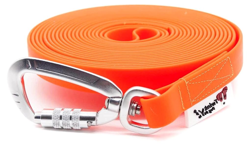 Hundeleine Schleppleine wasserabweisend 15 mm breit mit Sicherheitskarabiner für Hunde 5 Meter mit Handschlaufe Neon Orange
