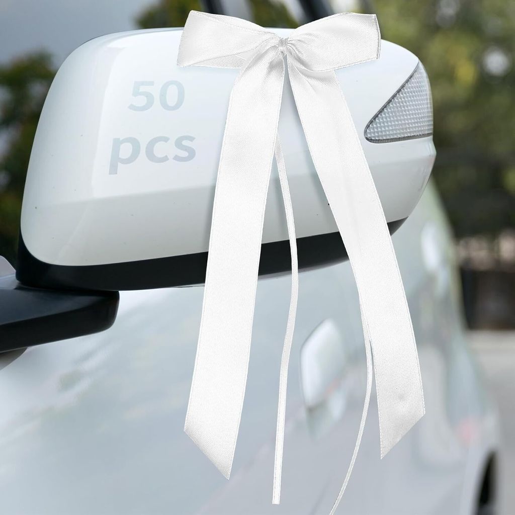 50 Stück Autoschleifen Hochzeit Schleifen, Weiß Antennenschleifen Deko Hochzeit, Auto Schleifen, Autoschmuck Hochzeitsschleifen für Auto Tisch P...