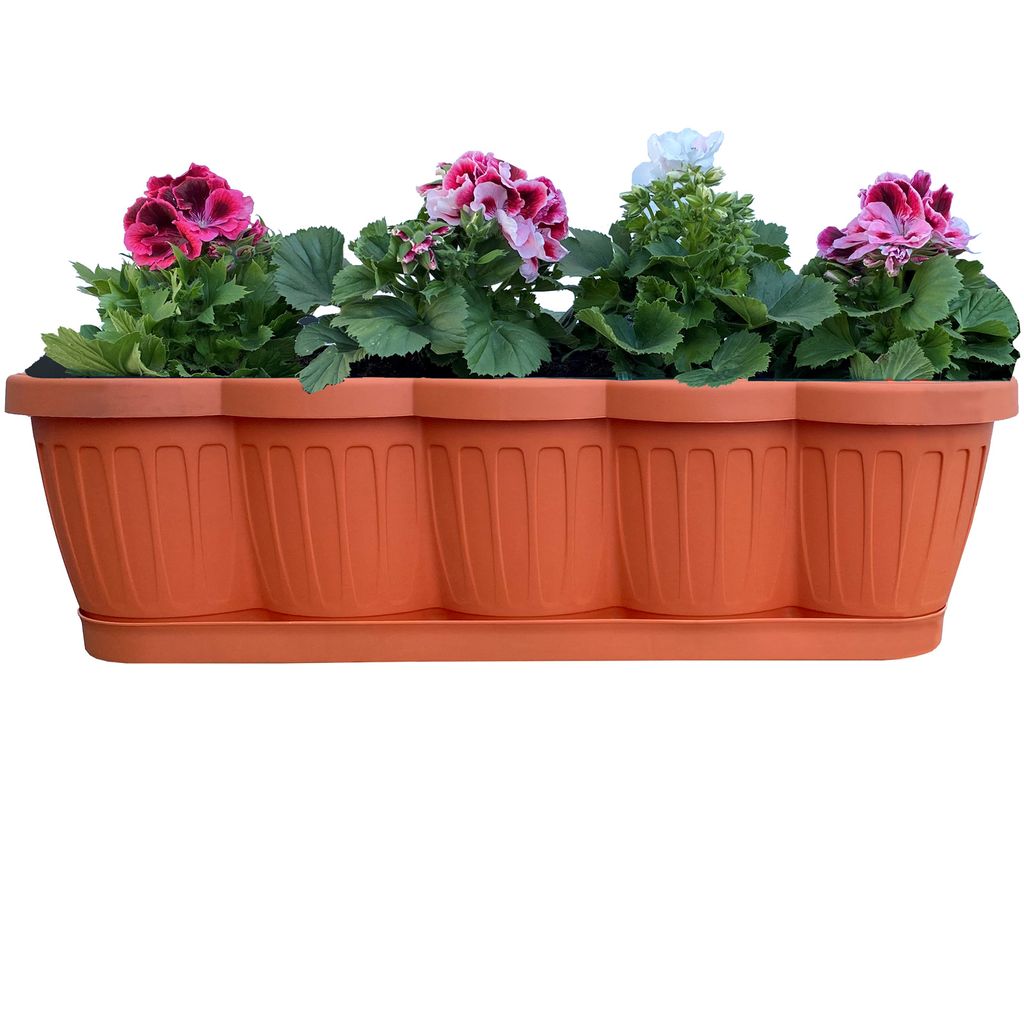 1er Set 60cm Blumenkasten Balkonkasten Pflanzkasten Terracotta im Wellendesign inkl. passenden Bewässerungsuntersetzer