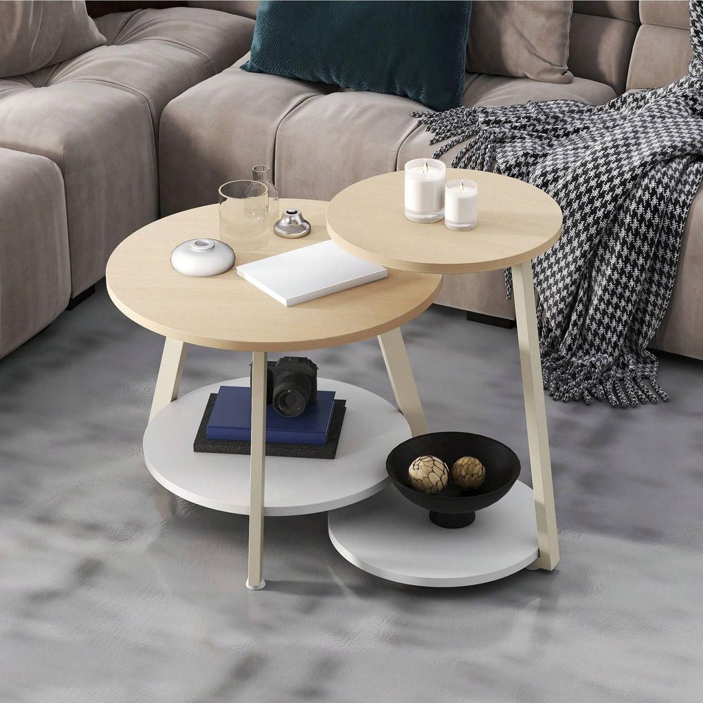 BALCONERA Couchtische, Beistelltische, Wohnzimmertisch, 2er-Set, Rund, Stapelbar, C-Förmig, Stauraum, Holzplatte, Metallrahmen, Natur Oak