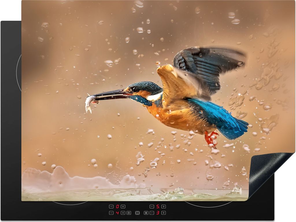 KitchenYeah Herdabdeckplatte Eisvogel - Fliegen - Fisch , 70x52cm, Küche Deko, Glaskeramikkochfeld Herdabdeckung, Abdeckplatte fùr Kochfeld
