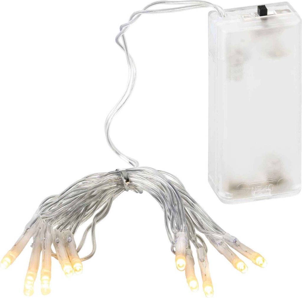 A battery-powered LED string light with a white wire and a clear battery pack.