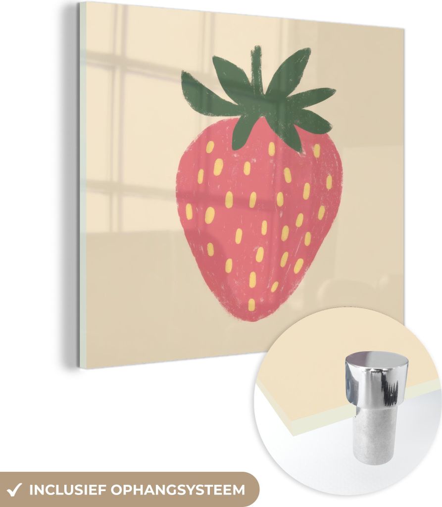 MuchoWow Glasbilder - Bilder auf Wandbild - Foto auf Glas Erdbeere - Minimalistisch - Rot - Obst 40x40 cm Wanddekoration aus Glas - Acrylglasbild -...