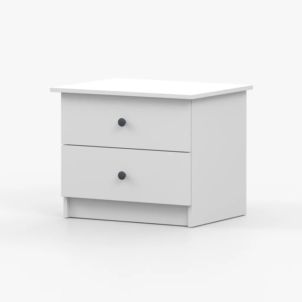 Table de chevet blanche 60 cm Olaf 22 avec poignées grises et 2 tiroirs