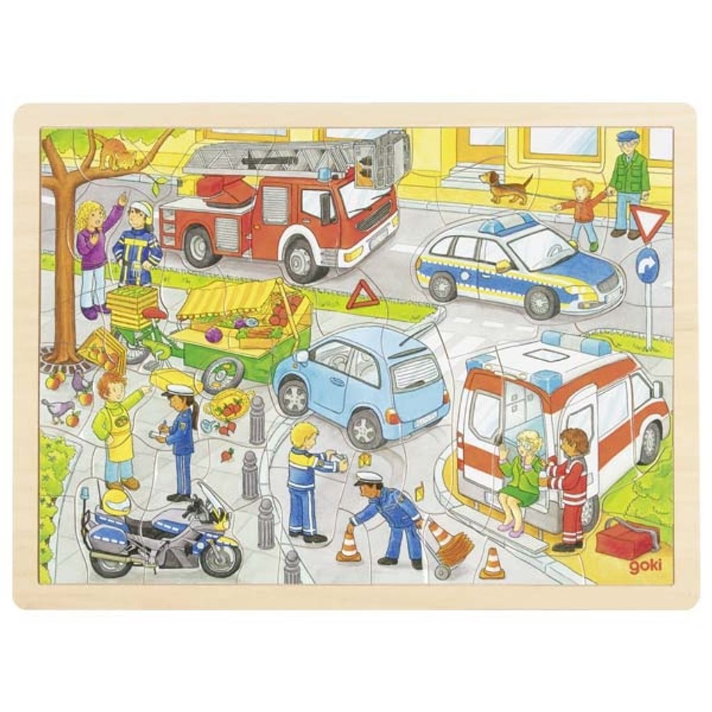 goki 57429 Einlegepuzzle Polizeieinsatz 40 x 30 x 0,8 cm, Holz, 56 Teile, bunt