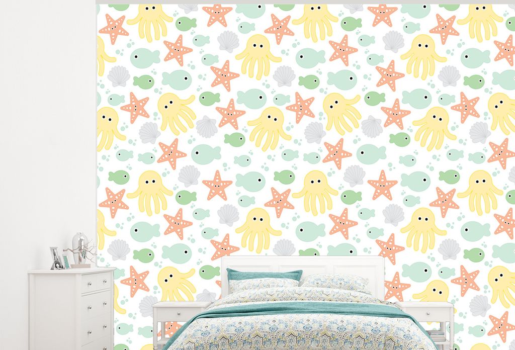 MuchoWow Fototapete für Wohnzimmer oder Schlafzimmer Wandtapete Vinyl Motivtapete Meerestiere - Baby - Muscheln - 375x300 cm - Tapezierpapier