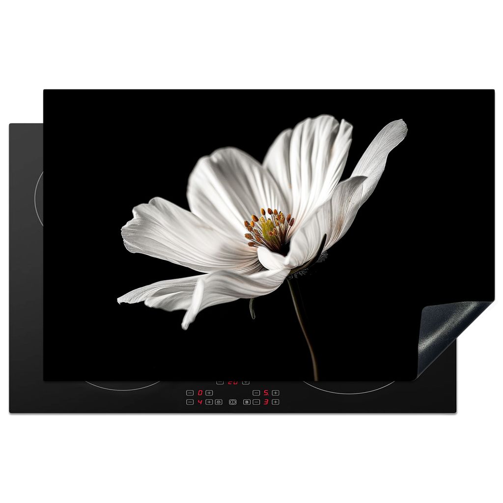 KitchenYeah Herdabdeckplatte Schwarz - Weiß - Blumen , 81x52cm, Küche Deko, Glaskeramikkochfeld Herdabdeckung, Abdeckplatte fùr Kochfeld