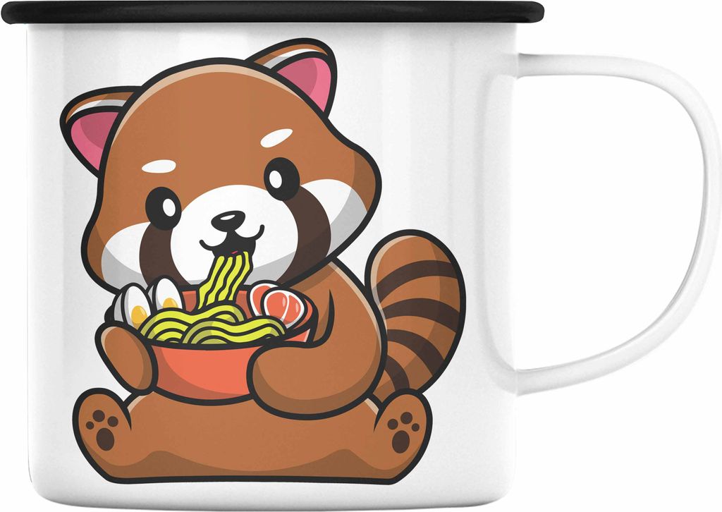 Trendation - Ramen Roter Panda Emaille Tasse Musik Kinder Geschenkidee für Jungs Mädchen Lustige Grafik Nudeln (Schwarz)
