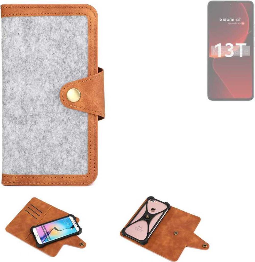 K-S-Trade Handyhülle kompatibel mit Xiaomi 13T Schutzhülle Filz-Hülle Kunst-Leder hellgrau braun (1x)
