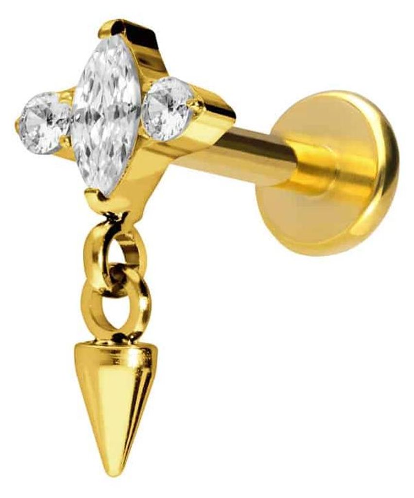 Ohrpiercing, Nasenpiercing Titan Labret mit Innengewinde EINGEFASSTE KRISTALLE + SPITZE Gold Stablänge: 8mm | Stabstärke: 1,6mm