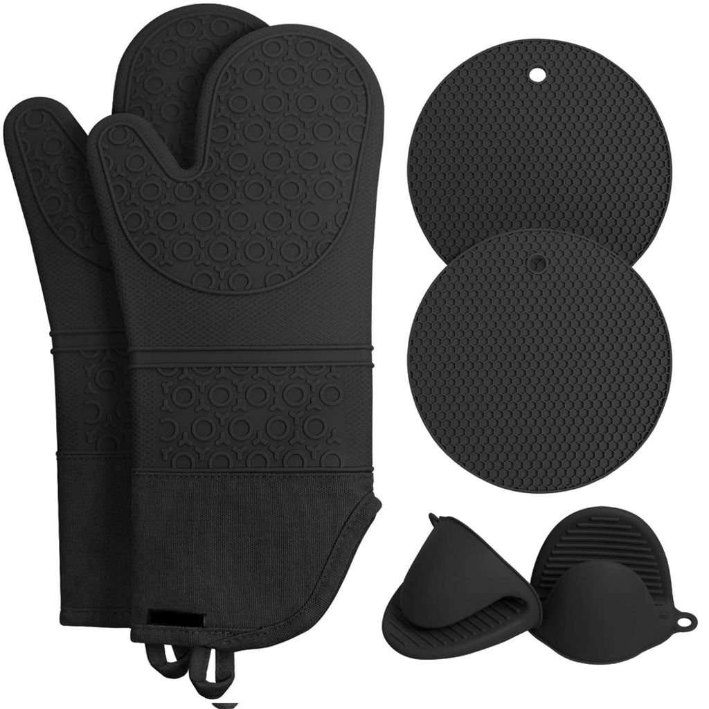 Lange Ofenhandschuhe Hitzebeständige Silikon-Ofenhandschuhe mit Heizkissen und Handclips zum Backen und Kochen in der Küche(Schwarz)