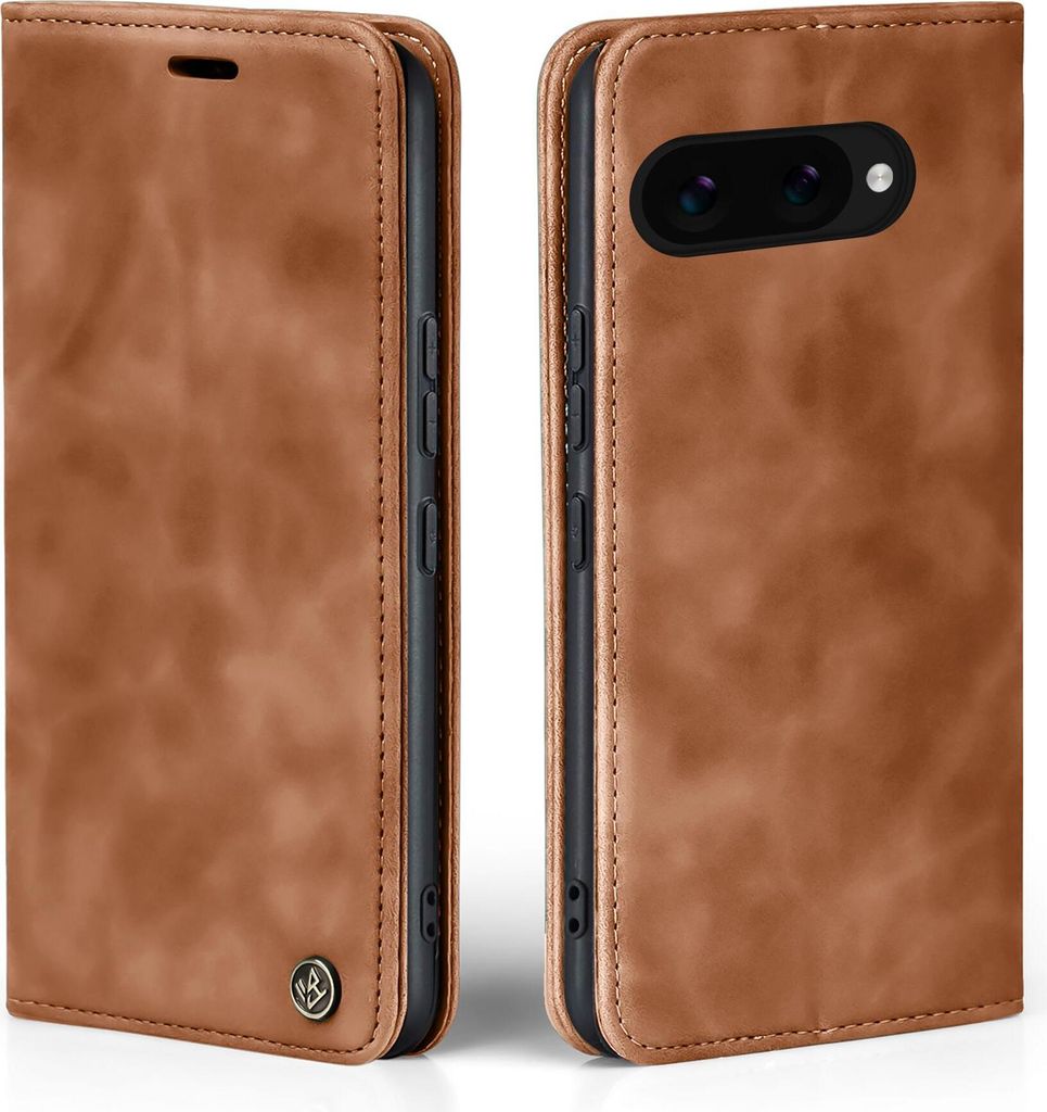 Two views of a brown leather flip case for a smartphone, shown open and closed.