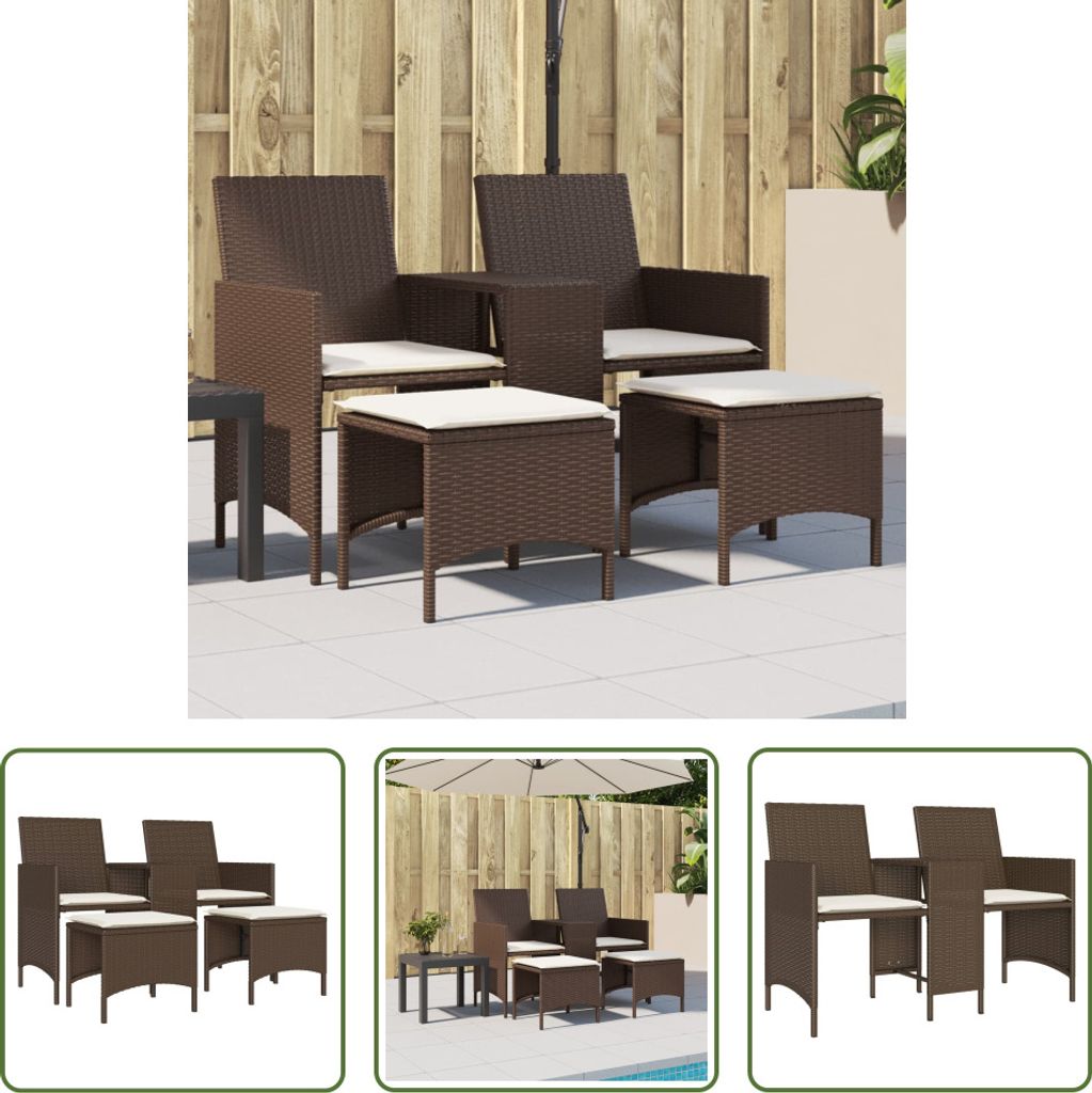 The Living Store Gartensofa 2-Sitzer mit Tisch und Hockern Braun Poly Rattan