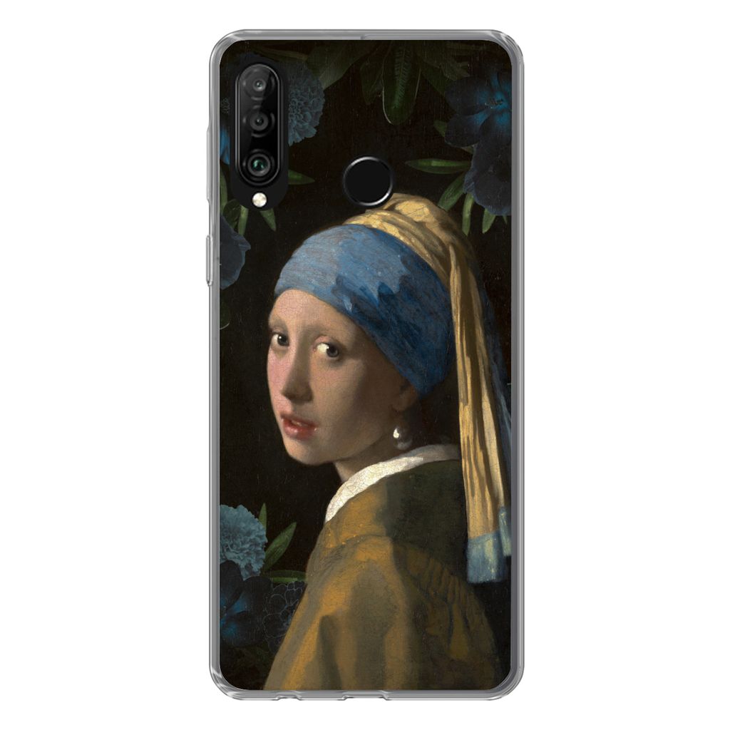 MuchoWow Handyhülle Schutzhülle Hülle für Huawei P30 Lite Mädchen mit einem Perlenohrring - Blumen - Blau Silikon Softcase Handy Hülle - Ha...