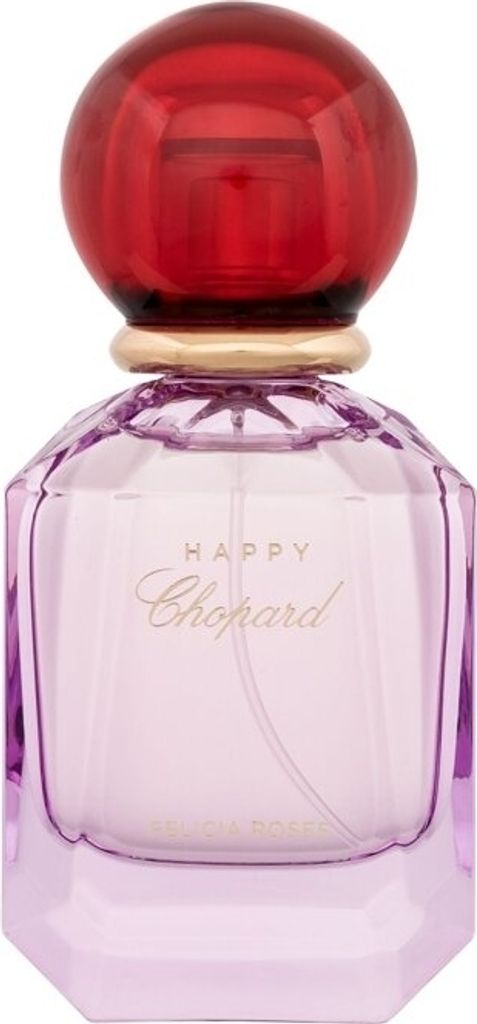 A perfume bottle with a red cap and a purple glass bottle.