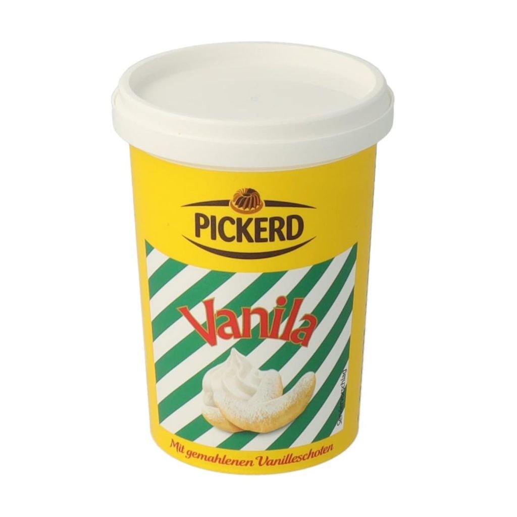 A yellow plastic container of PICKERD Vanila Aroma with a white lid, set against a white background.