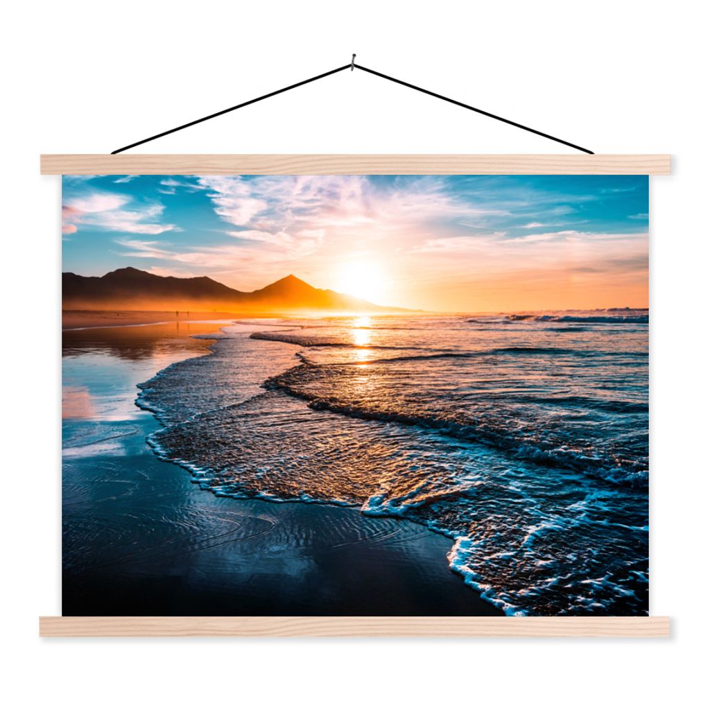 MuchoWow Textilposter Sonnenuntergang - Meer - Berg - Horizont - Landschaft - Blau 40x30 cm mit holzfarbenen Rahmen - Bilder