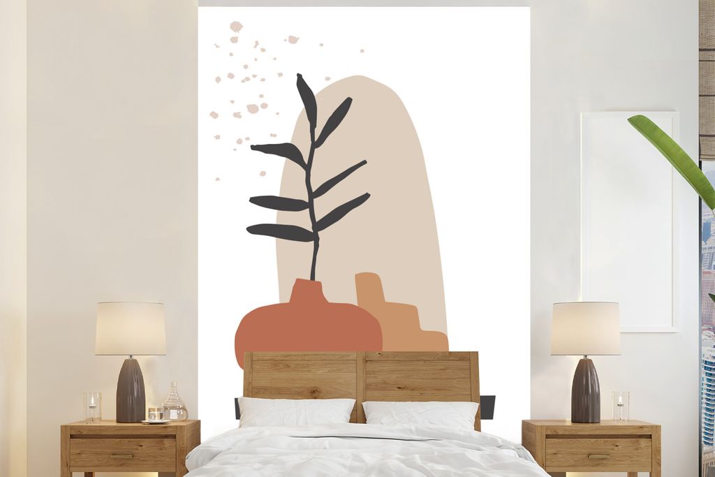 MuchoWow Fototapete für Wohnzimmer oder Schlafzimmer Wandtapete Vinyl Motivtapete Sommer - Pflanze - Weiß - Regal - 145x220 cm - Wanddekoration