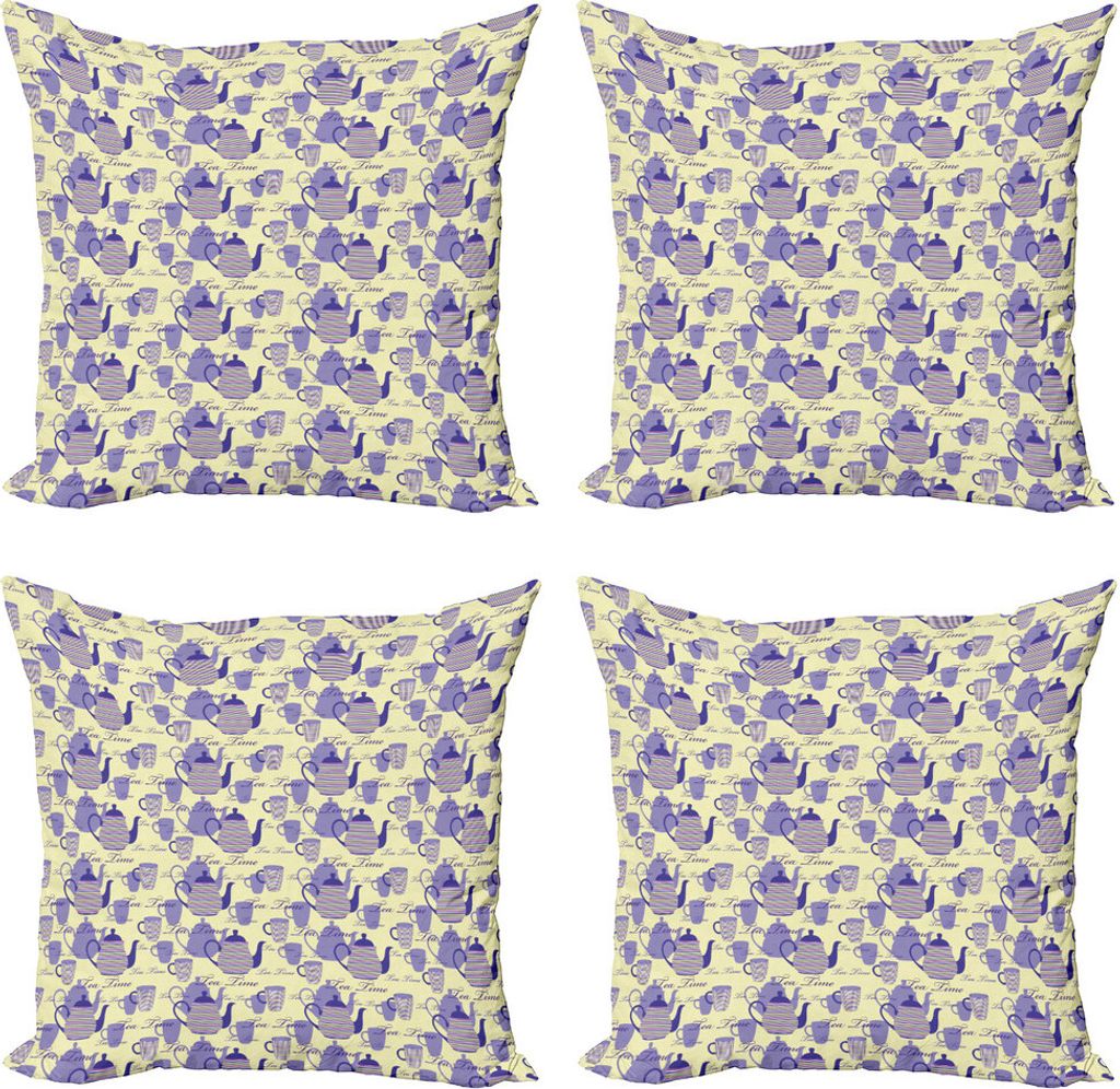 ABAKUHAUS Tee-Party Kissenbezug Set (4 Stück), Gestreifte Teekannen Cups, Moderner Doppelseitiger Digitaldruck, 60 cm x 60 cm, Blassgelb Lavendel