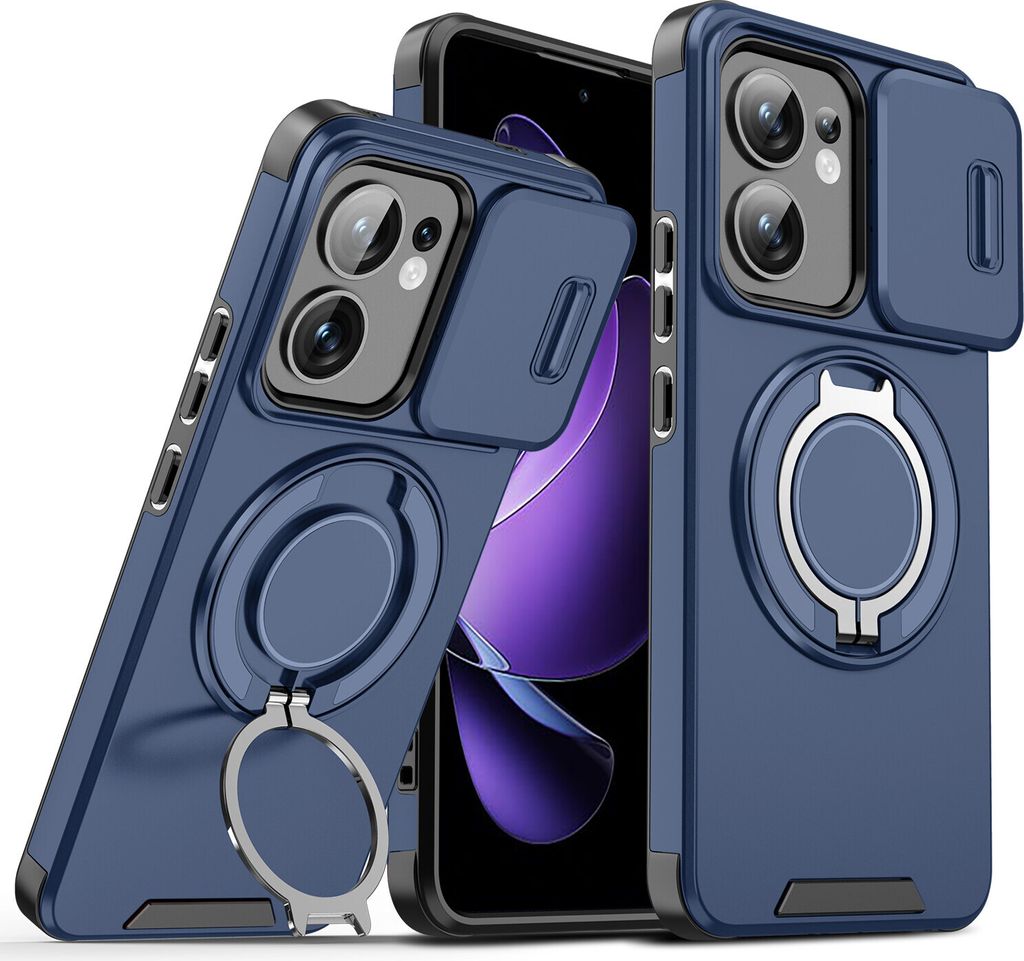 Handyhülle für Oppo Reno13 F Dual-Layer Stoßfest Militär Hülle mit Dia Kameraschutz und Magnetisch Ring Ständer Blau