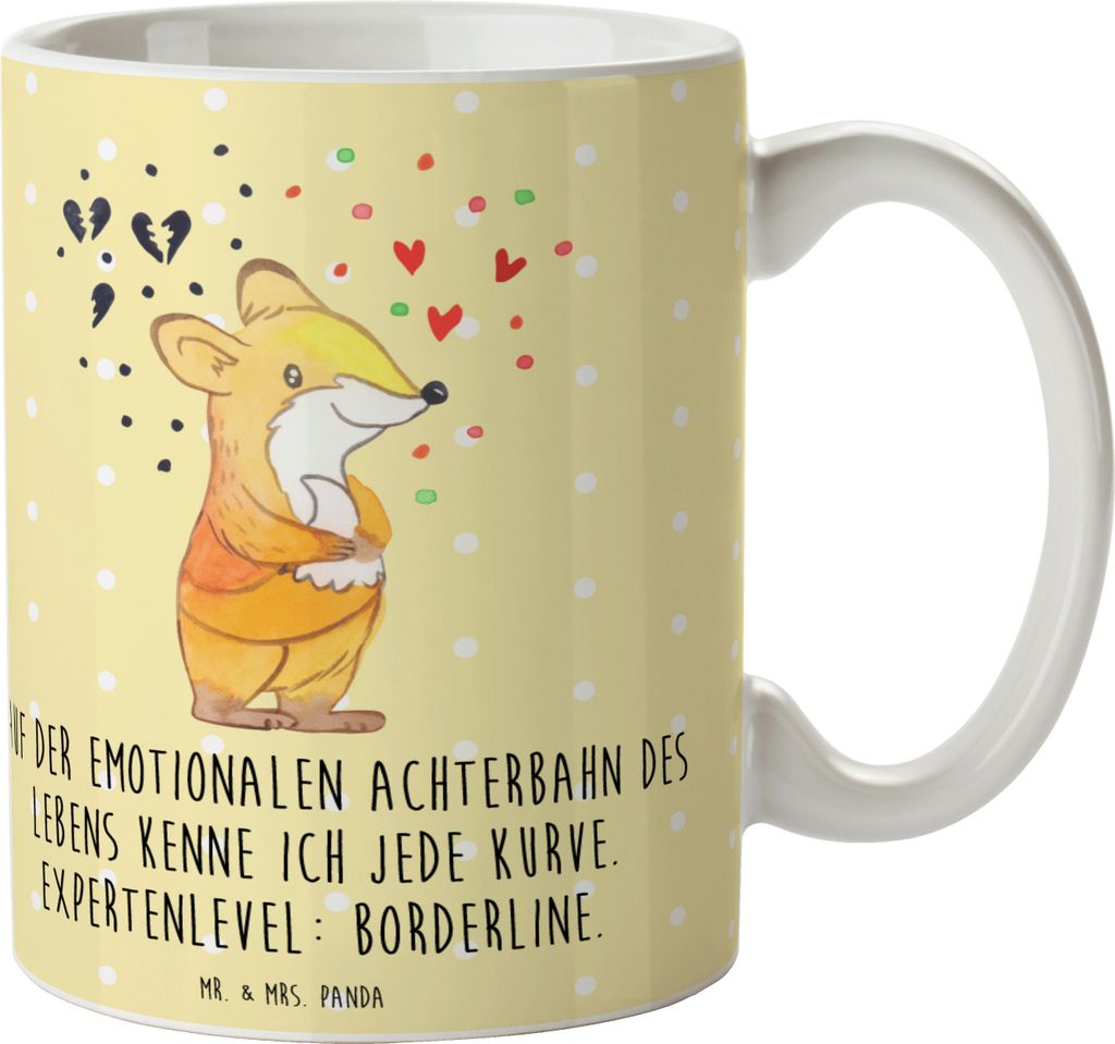 Mr. & Mrs. Panda cappuccinotasse Fuchs Borderline - Gelb Pastell - Geschenk, Kaffeebecher, bedruckt, Borderline-Persönlichkeitsstörung, Trinkbech...