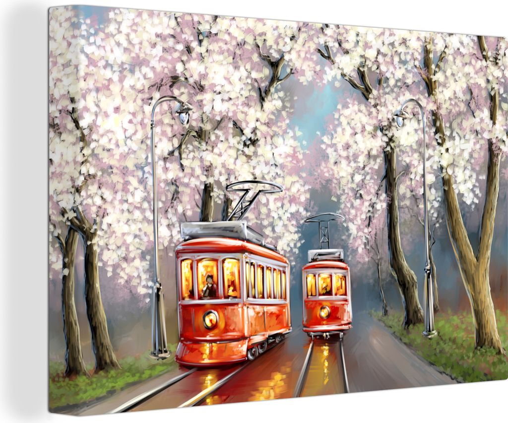OneMillionCanvasses - Leinwandbilder - 140x90 cm, Gemälde - Ölgemälde - Straßenbahn - Blühender Baum, Wandbilder Kunstdruck Wanddekoration -...