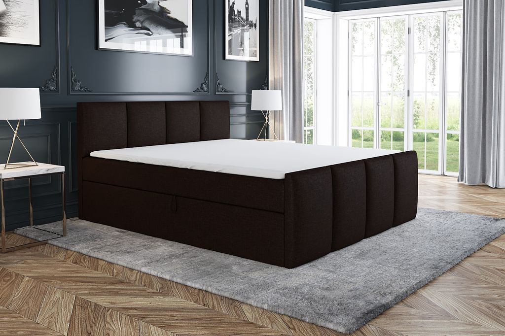 Boxspringbett ECOS 140x200 mit 2 Bettkästen, Bonell-Matratze und Topper. Farbe: Dunkelbraun.