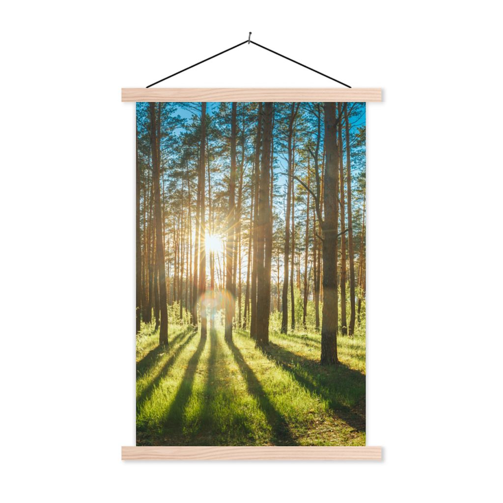 MuchoWow Textilposter Sonne - Bäume - Landschaft - Gras 40x60 cm mit holzfarbenen Rahmen - Poster