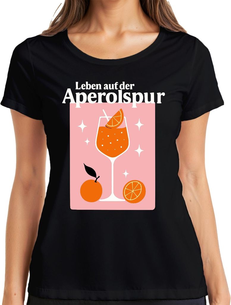 Leben auf der Aperolspur Aperol Spritz Sommer Orangen Party Bar Damen T-Shirt, Schwarz, L