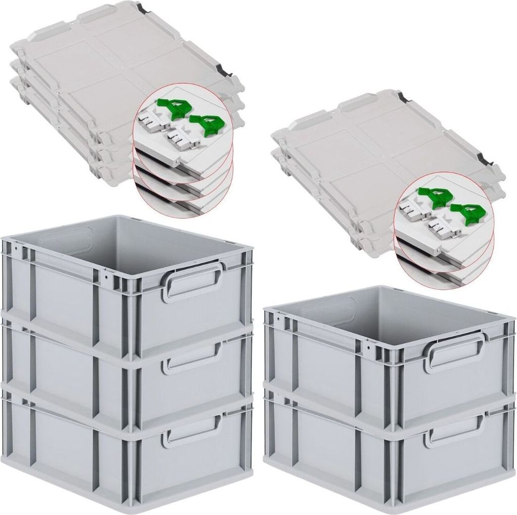 SuperSparSet 5x Eurobox NextGen Economy mit Scharnierdeckel und grünen Schiebeschnappverschlüssen | Griffe geschlossen | HxBxT 17x30x40cm | 16 Li...