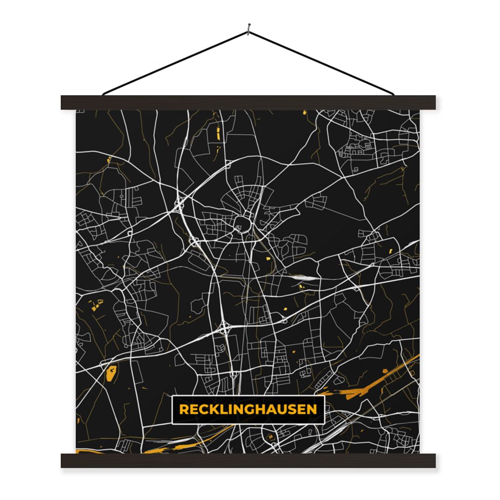 MuchoWow Textilposter Deutschland - Schwarz und Gold - Recklinghausen - Stadtplan - Karte 90x90 cm mit schwarzem Rahmen - Magnetisches