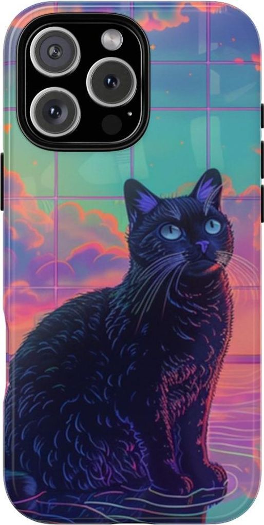 Schwarze Katze vor neonfarbenem Himmel – Hülle Kompatibel mit iPhone 16 Pro Max