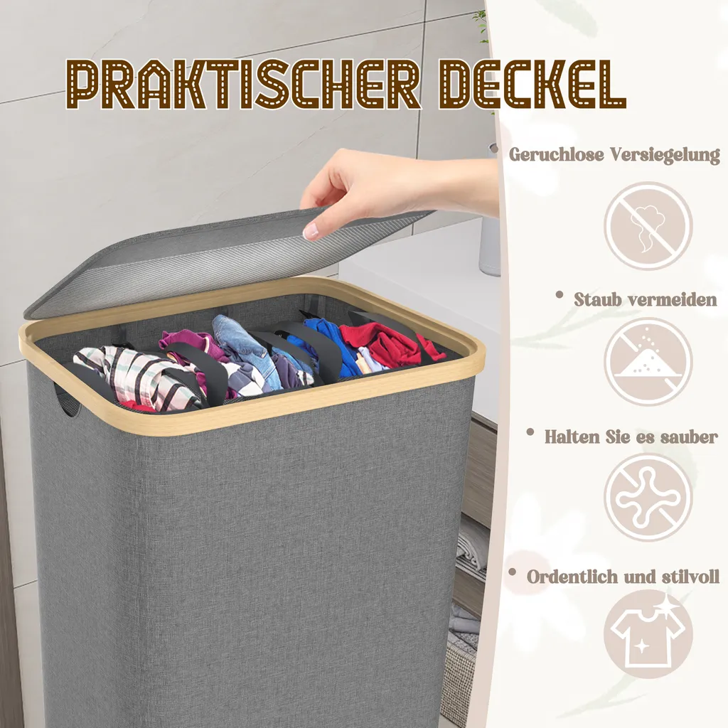 Panier à linge 3 compartiments en tissu gris, Bac de rangement de 140L