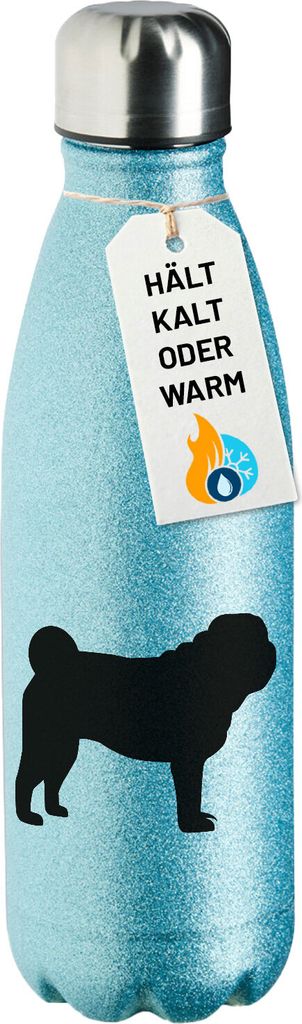 Huuraa Trinkflasche Mops Silhouette 500ml Blue Edelstahl Wasserflasche Trinkflasche Geschenkidee