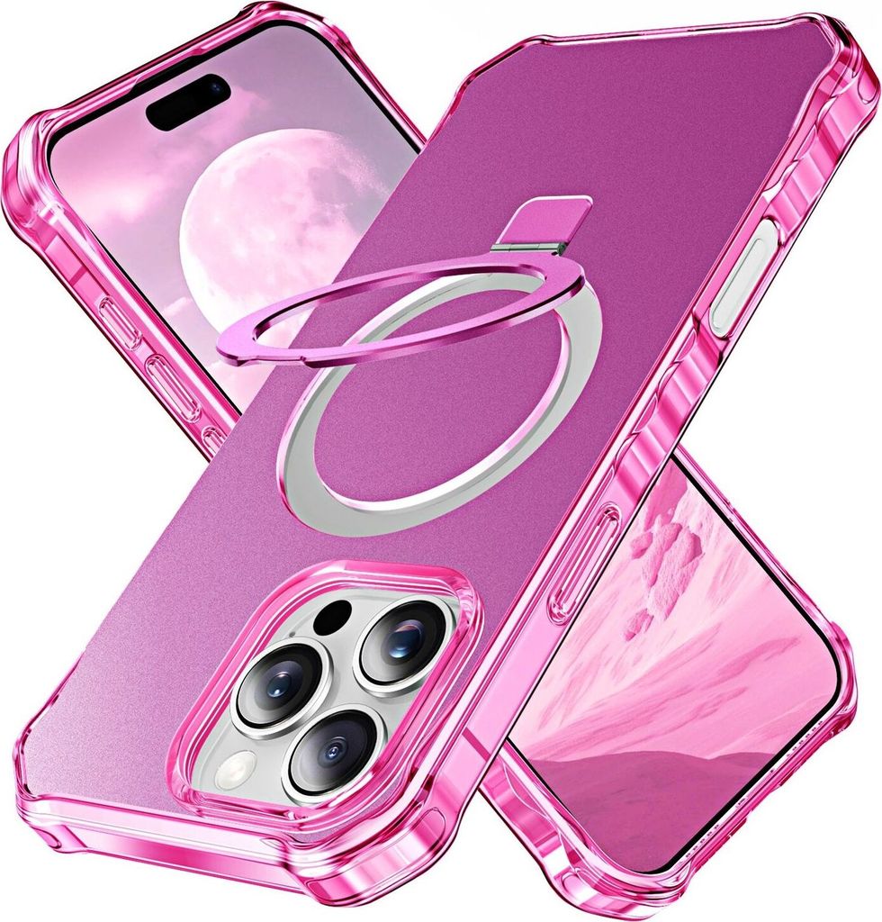 Für Apple iPhone 16 Pro Solid Color Wave Design MagSafe Ring Halterung Hülle Pink