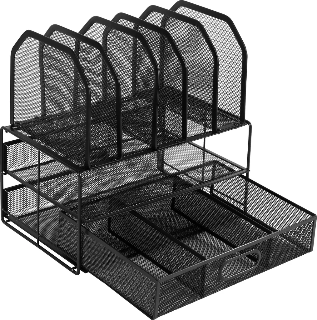 Rangement de bureau en maille métallique noire à 5 sections verticales