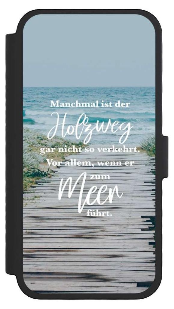 NIVOCASE Klapphülle für Apple iPhone 16 Pro Handyhülle aus Kunst Leder NIVOflip schwarz Statement Strand Spruch